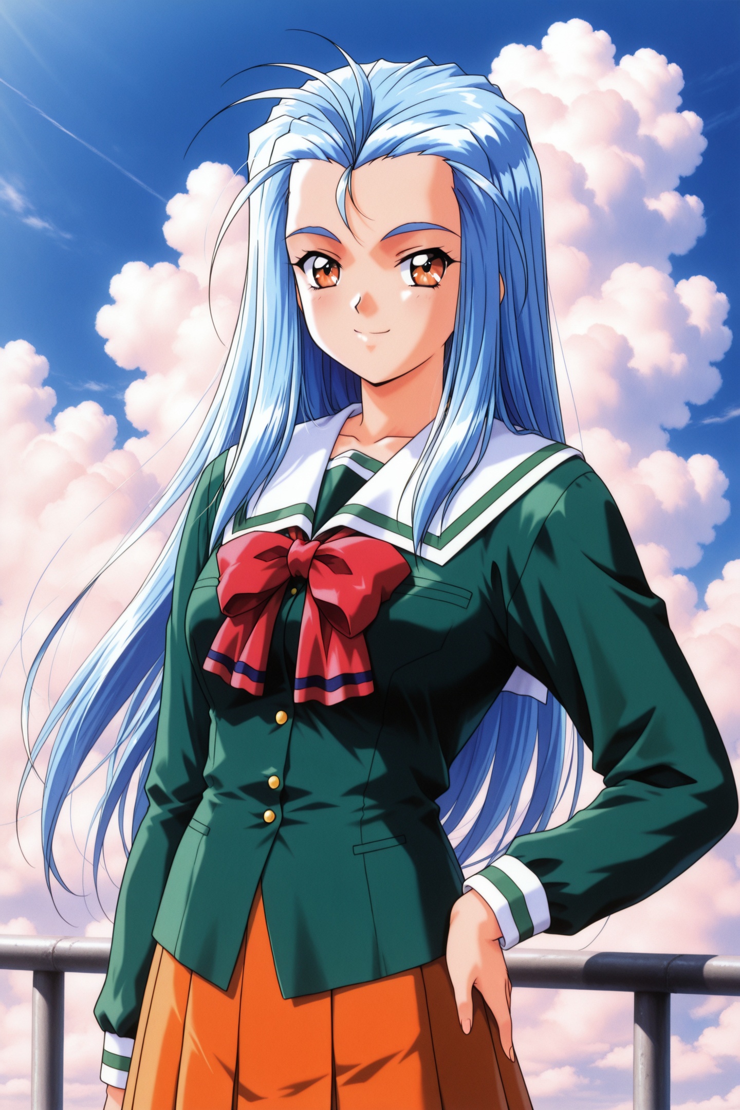 Original Style,Minazuki Kotoko,1girl,solo,blue hair,long hair,school uniform,skirt,1990s \(style\),orange skirt,day,hand on own hip,outdoors,smile,long sleeves,sky,cloud,green shirt,pleated skirt,bow,orange eyes,retro artstyle,looking at viewer,brown eyes,<lora:Tokimeki Memorial 2_illustriousXL_v2:1>,