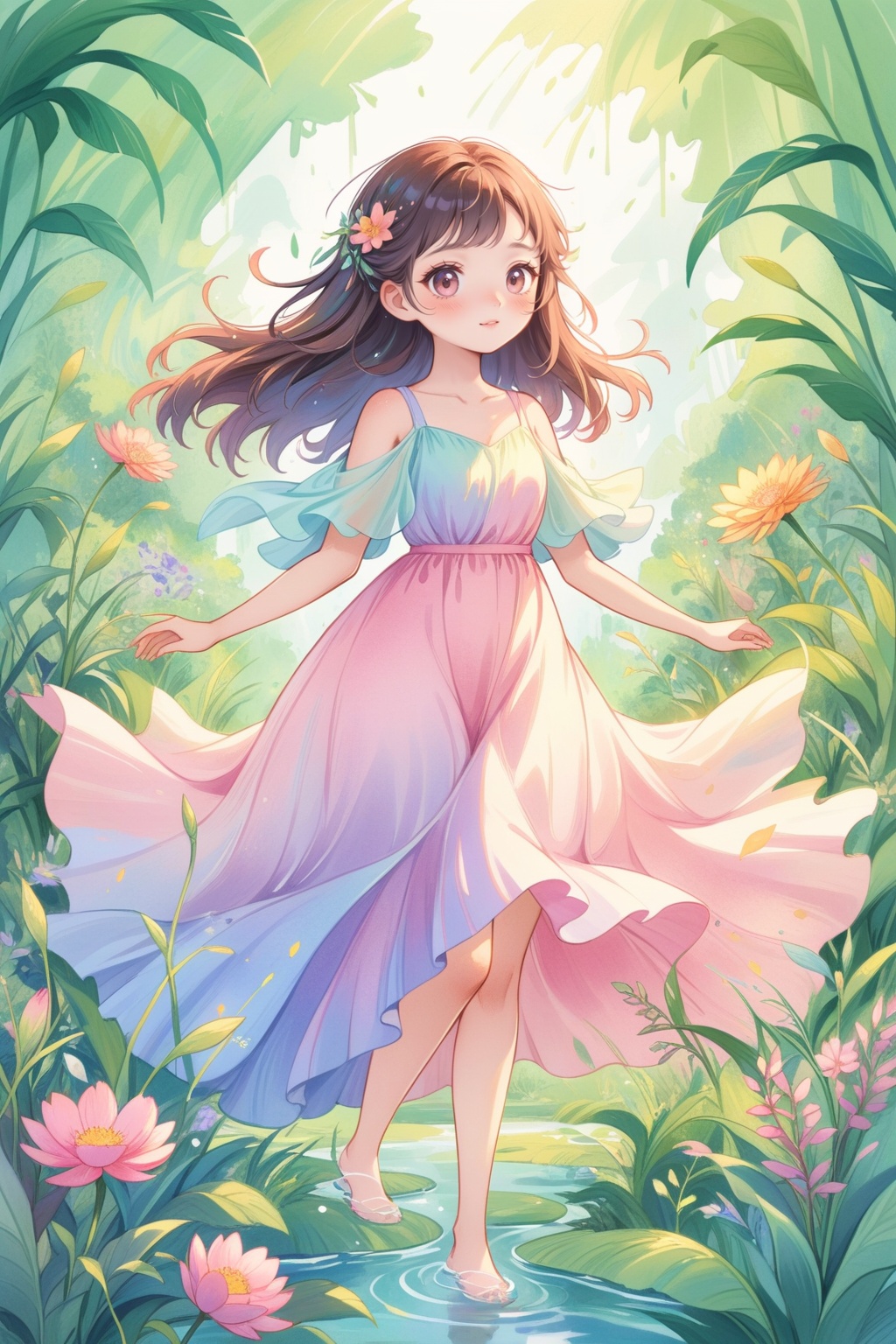 A young girl in a flowing pastel dress,surrounded by vibrant flowers that seem to burst into existence from the canvas. The scene is painted in soft,watercolor splashes,blending the girl's gentle expression with the wild beauty of nature. The colors are bright and uplifting,creating a sense of joy and lightness.,