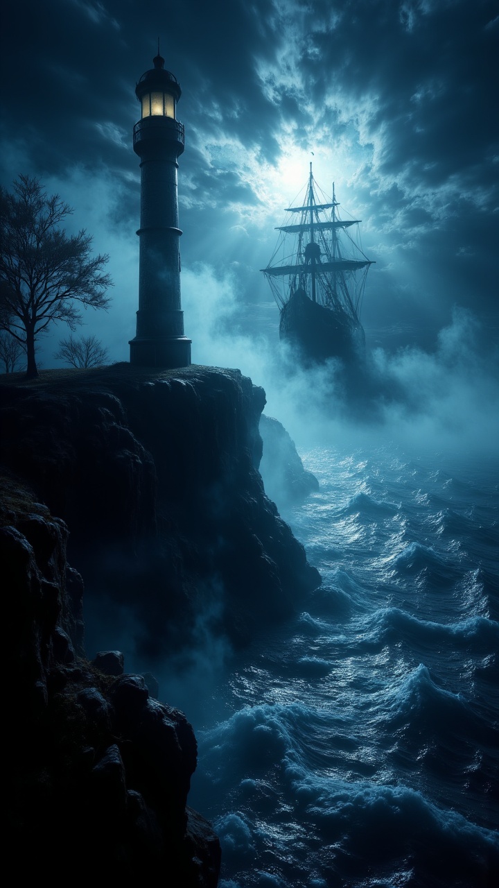 "A ghostly lighthouse on a cliff,  overlooking a stormy sea with spectral ships appearing in the distance,  all bathed in...