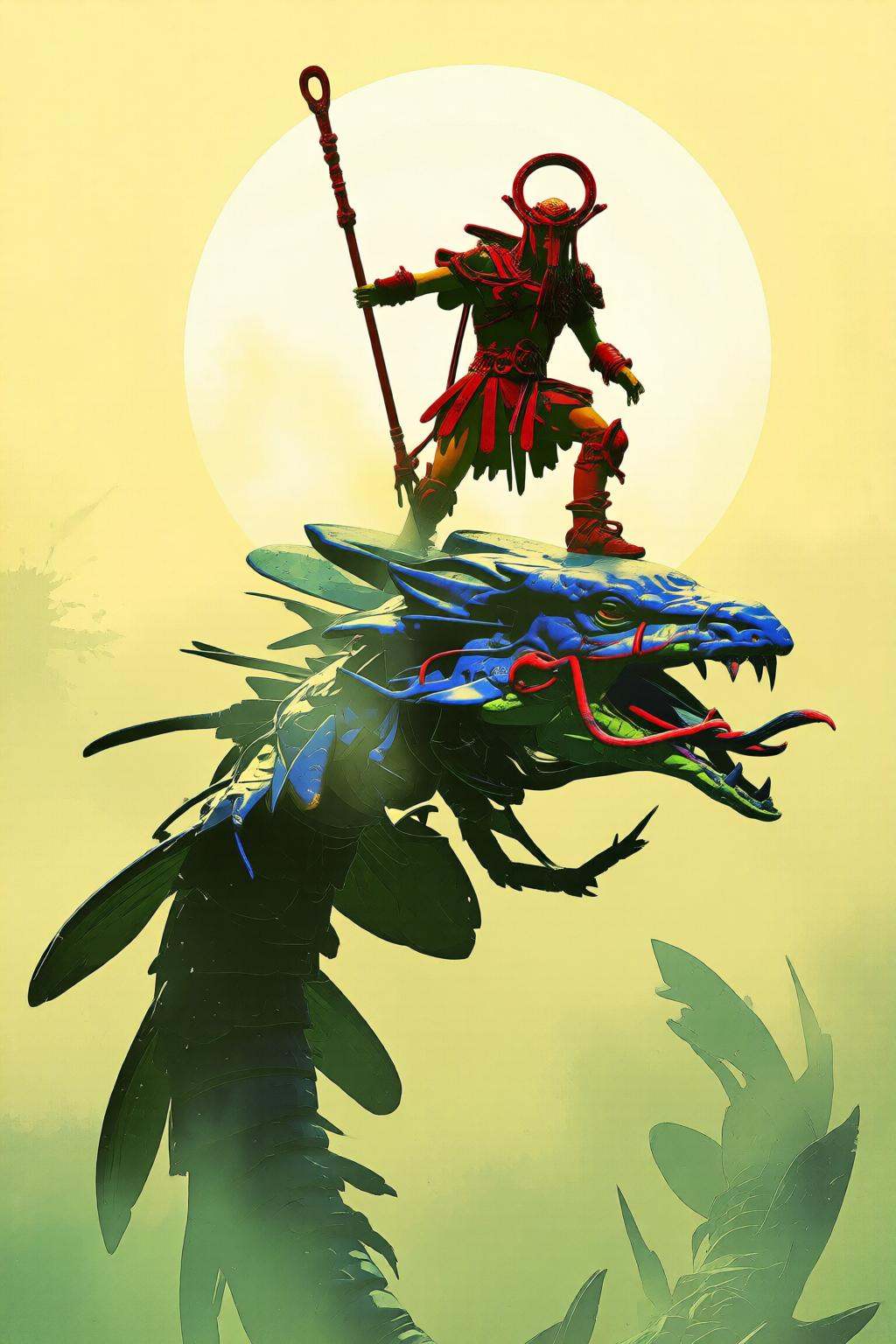 pascalblanche2q illustration. A warrior standing atop a colossal serpentine creature. The warrior wears intricate armor an...