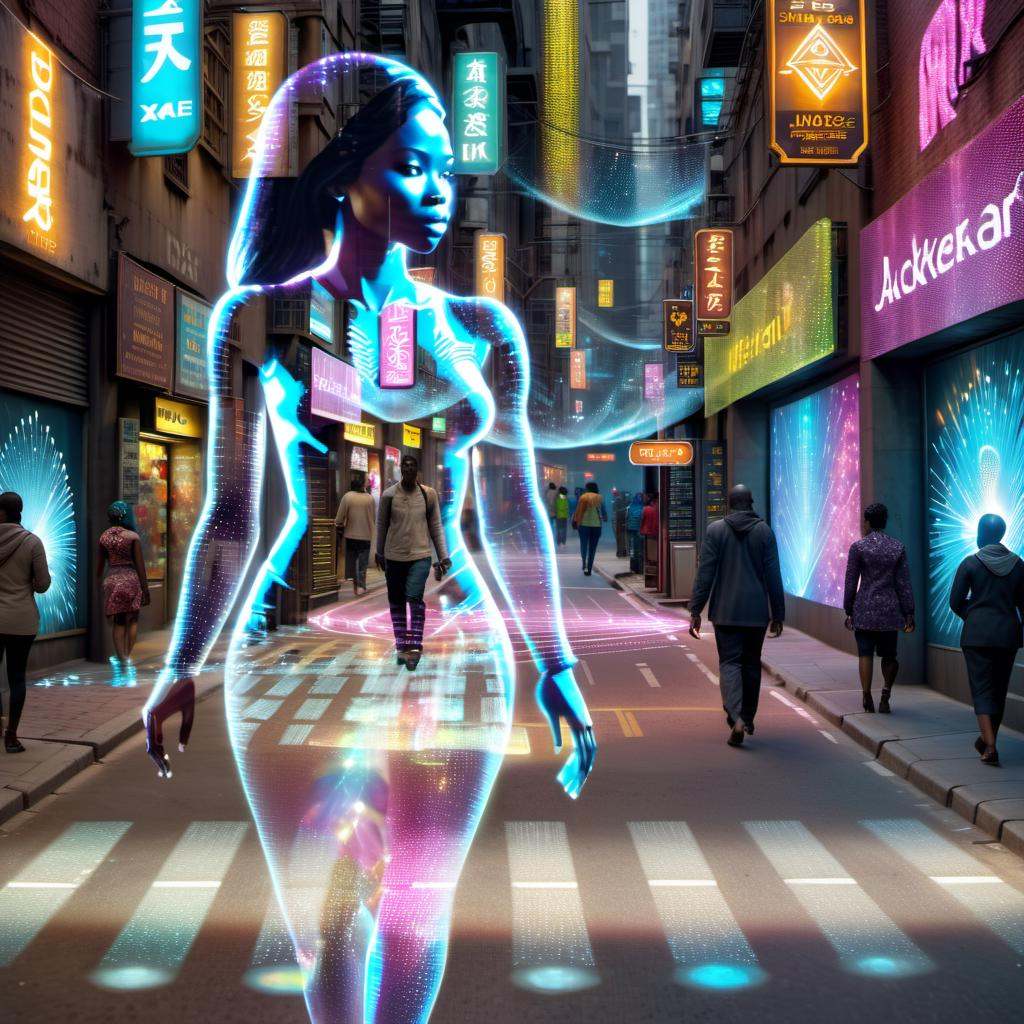 Point-of-view shot photo of transparent hologram woman,  African,  busy street scene on Tensor.Art