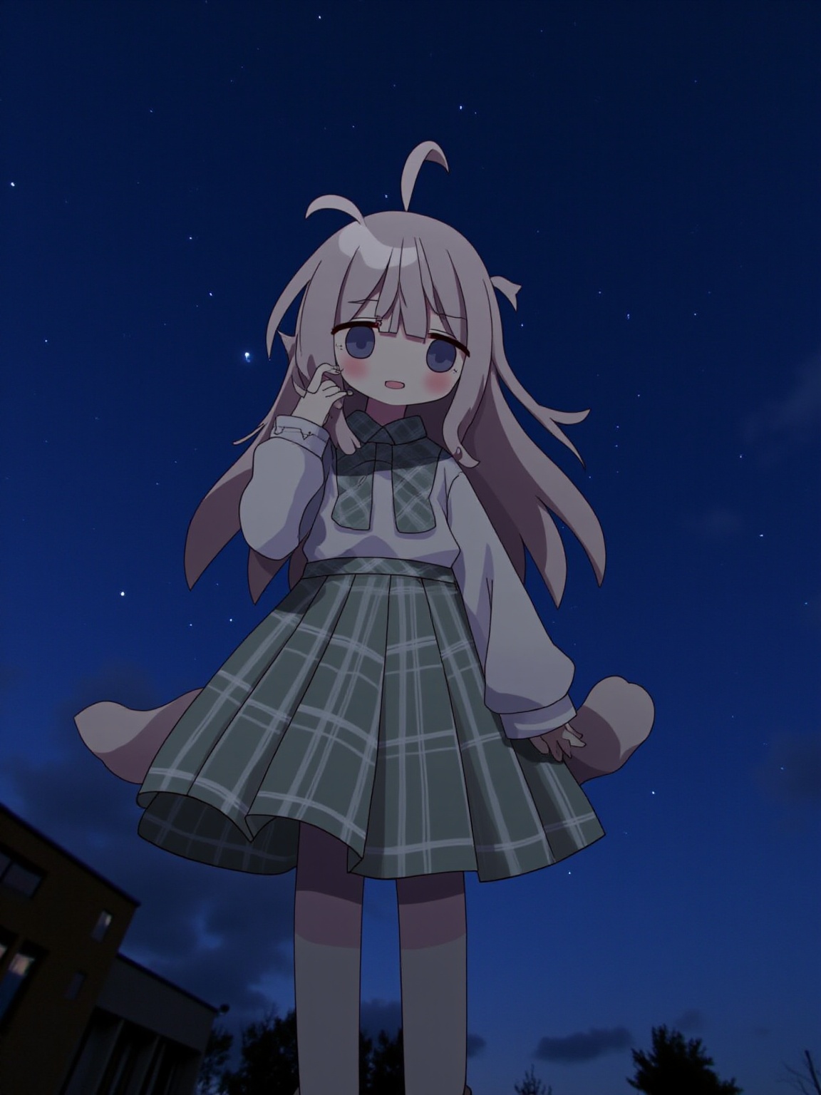 starry sky, very long hair, full bodynight sky, plaid, star (sky), smile, tail, dress shirt, brown footwear, school uniform, hand up.<lora:tpcyb:1>​​​