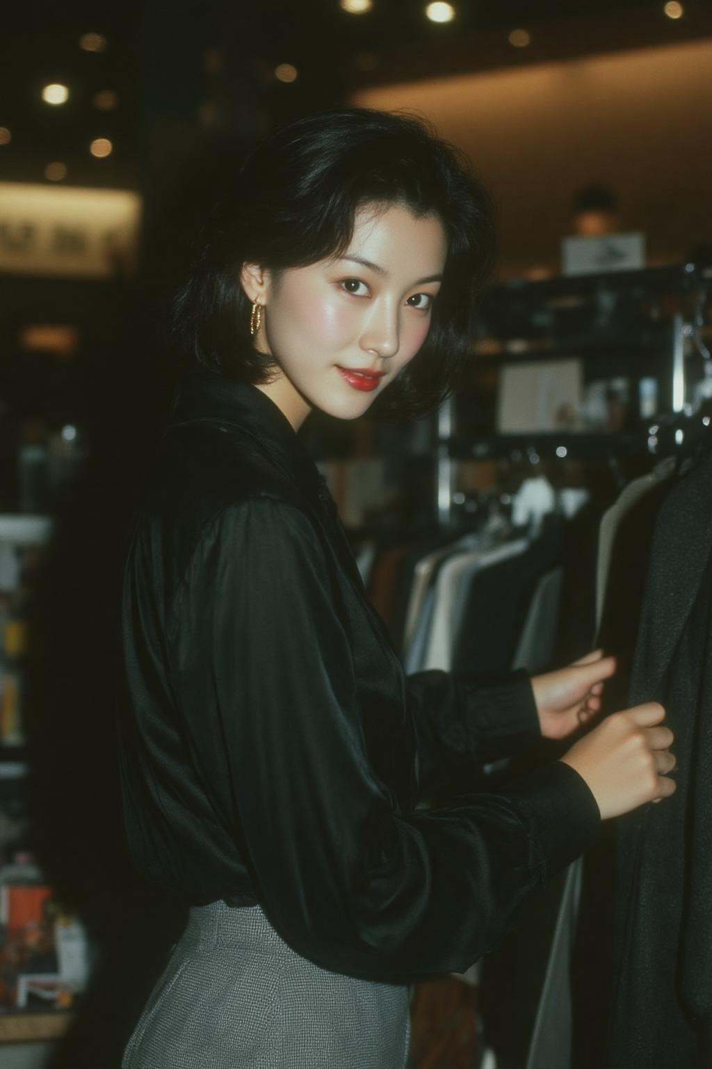 midjourney analog photograph. A 1990s young Chinese woman with wavy shoulder-length hair,  shown in side profile,  stands...