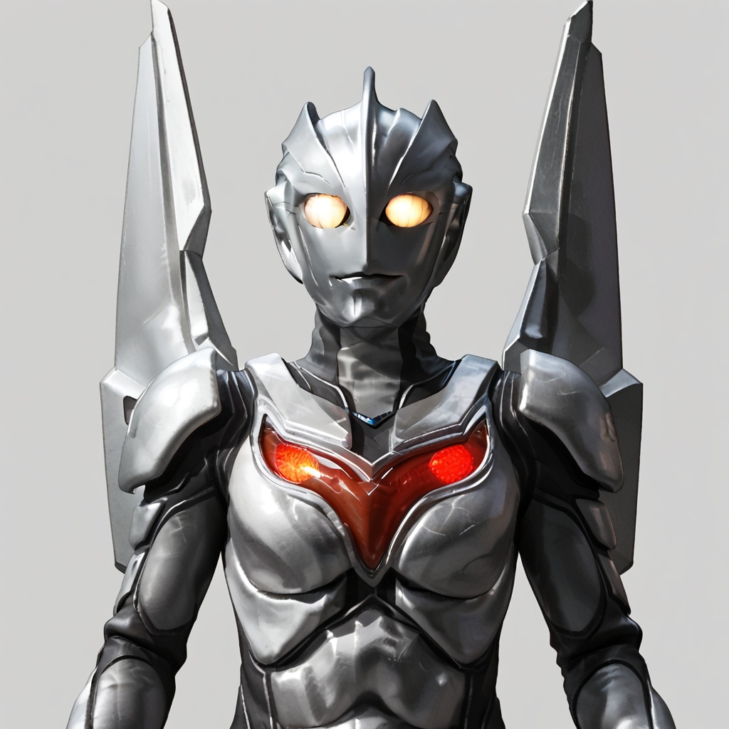 (grey background:1.2),looking at viewer,(SOLO:1.4),outline,simple background,(((,standing,looking at viewer,arms at side))),  ultraman noa,ultraman,silver bodysuit,silver gloves,legwear,gloves,boots,cover,mask,plugsuit,armor,bodysuit,black pattern on body, grey pattern on body,silver tight-fitting,silver footwear,helmet,leather suit,latex, tokusatsu, no humans, science fiction,silver head, hard mask, no smile, no eyes, no nose, solo, silver rubber bodysuit with grey line and black line,silver wings<lora:诺亚-pony:0.8>
