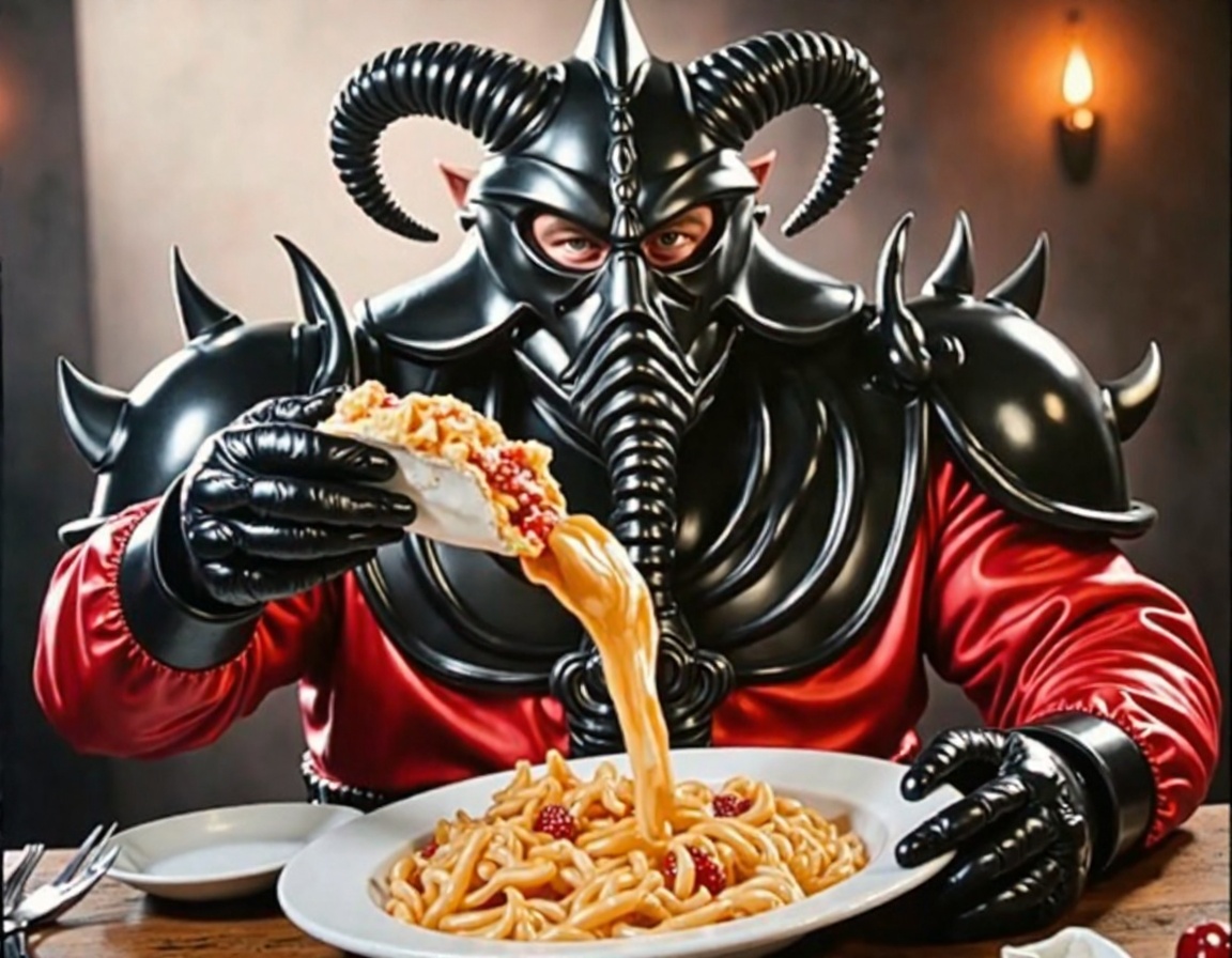 heroic fantasy painting of B1gV4nV4d3r Big Van Vader man in an iron demon helmet and a red satin bomber jacket,  spilling...