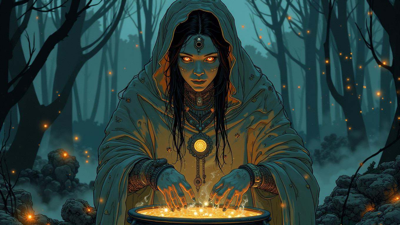 A mysterious medieval witch,  cloaked in tattered robes and adorned with strange amulets,  stands in the middle of a dark...