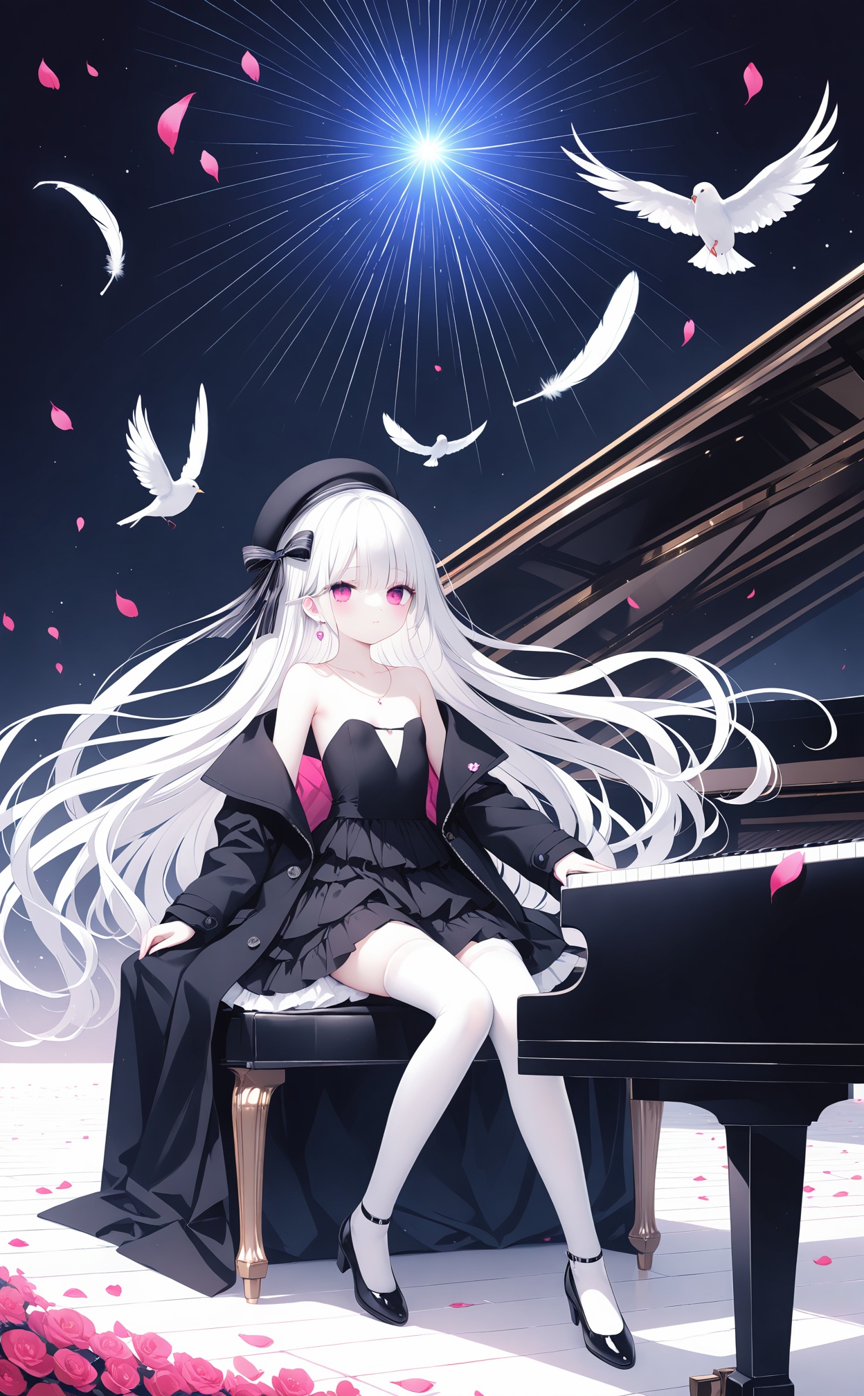 masterpiece,best quality,high quality,(colorful),black theme,lens flare,highres,{{{loli}}},(petite:1.2),(cute:1.2),((masterpiece)),(((best quality))),((ultra-detailed)),((illustration)),Depth of field,(colorful),[Artist iumu],[Artist Sheya],[Artist chen bin],solo,1girl,pink eyes,white hair,flat_chest,bare_shoulder,very long hair,looking at viewer,sidelocks,hair spread out,(full_body),thighhighs,white thighhighs,hair ornament,strapless dress,closed_mouth,sitting,(evening gown),jewelry,earrings,{frills},elbow gloves,necklace,petals,strapless,{{frilled dress}},elbow gloves,dress,lolita_fashion,open jacket,open clothes,jacket,black jacket,coat,open coat,beret,music,playing instrument,grand piano,piano,instrument,feathers,dream,scenery,ruin,bird,grace,(silk ribbon) piano_stool,stave,note,