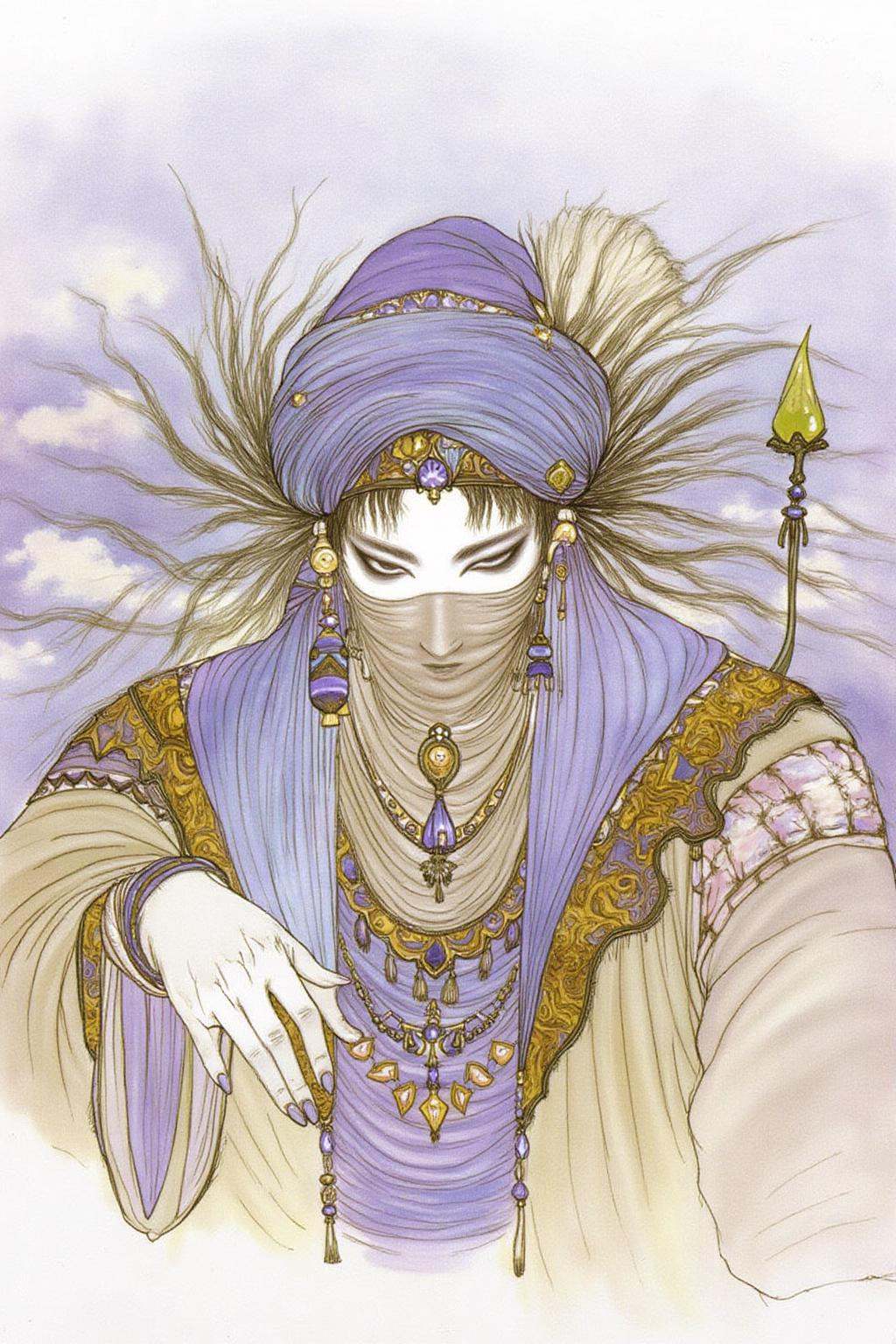 amayo illustration.A male wizard with a light,  almost translucent complexion and almond-shaped eyes,  adorned with intric...