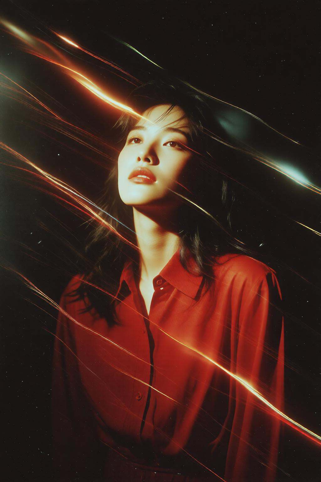 midjourneymix10q photograph.A 1990s young Japanese woman in a red shirt with a collar stands against a dark background. He...