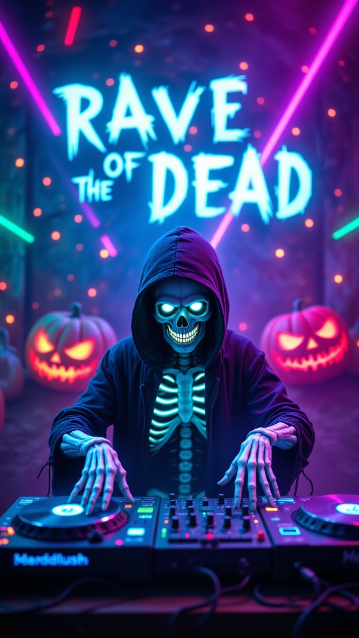 Skeleton DJ at a Haunted Rave: The skeleton DJ is spinning records on a glowing neon green and purple stage,  surrounded b...