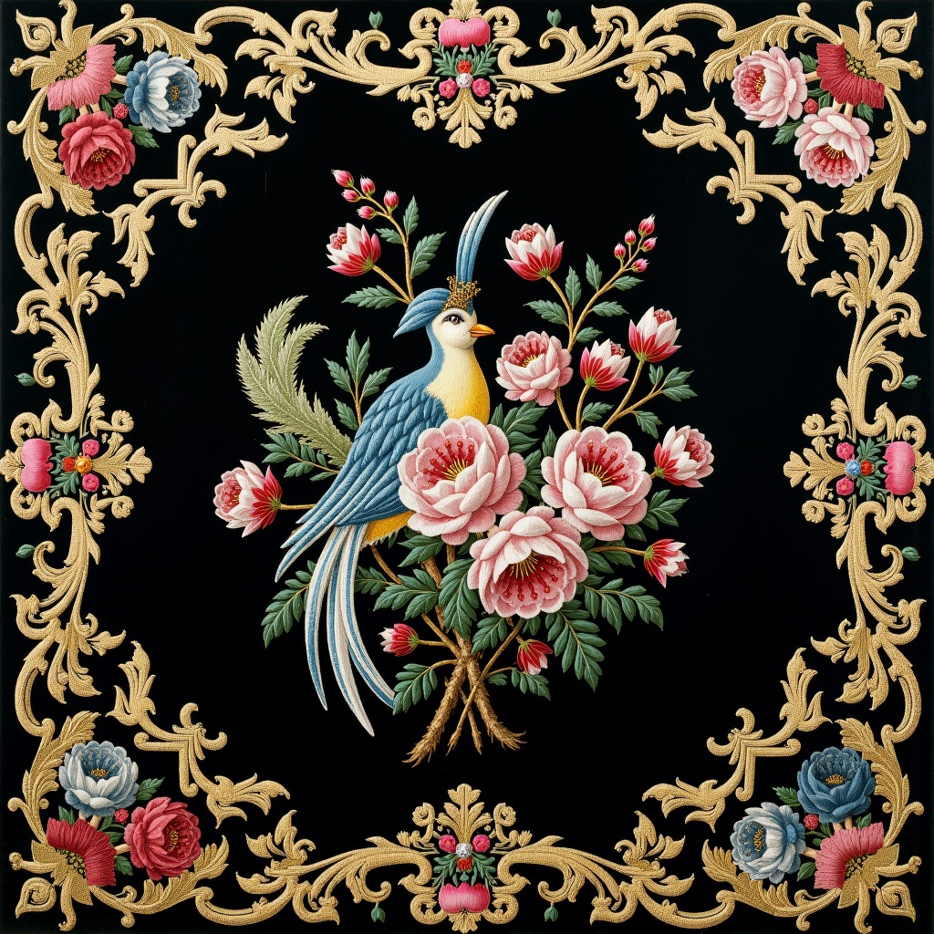 embroidery,there is a picture of a bird and flowers on a black background,floral embroidery,victorian textiles,embroidered brocade,fabric embroidery,luxury journal cover,baroque cloth,highly detailed pattern,panel of black,8k fabric texture details,flowers. baroque elements,baroque wallpaper,intricate dark background,flower motif,ornate background,fine foliage lace,black rococo,ornate decorative background,inside stylized border,1 8 th century spring ornaments,decorative border,beaded embroidery,baroque frame border,background **** of big curtains,detailed lacework,directoire style,very detailed black feathers,filigree border,jewel embellishment,extremely intricate high detail,chinoiserie pattern,richly detailed colored,ornamental edges,