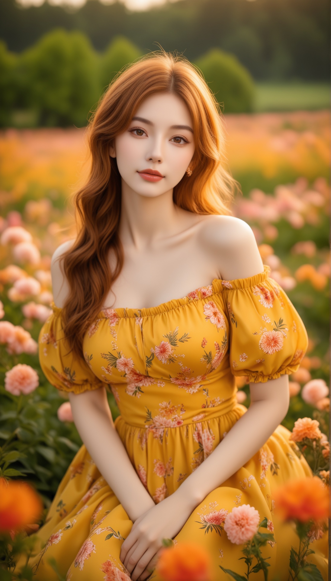 A young woman with fair skin and shoulder-length,  wavy auburn hair sits in a field of blooming orange and pink flowers. S...