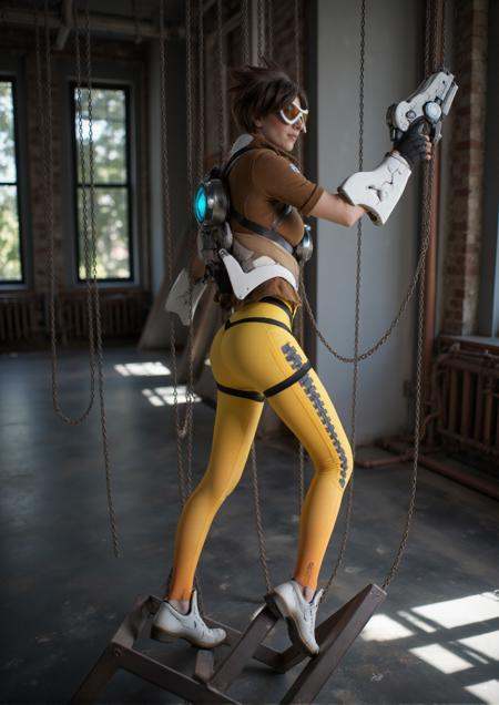 Tracer is a woman playing in a lasergame. She holds laserguns and wears goggles on Tensor.Art