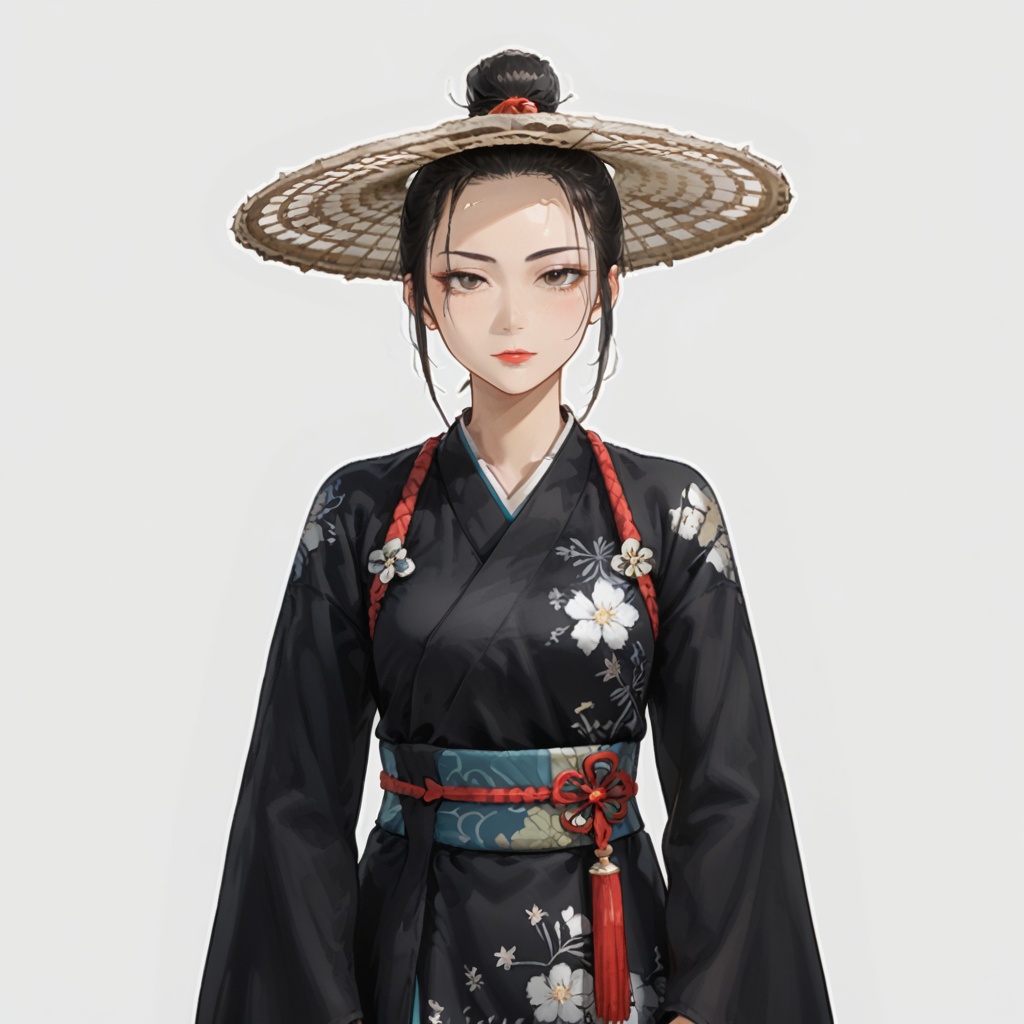 (grey background:1.2),(SOLO:1.4),outline,simple background,(((,standing,looking at viewer,arms at side))),  bamboo hat,straw hat,hair bun,haori,hanfu,dress,veil,kimono,ring,wide sleeves,tassel,jewelry,cape,sword,armor<lora:douli-pony:0.8>