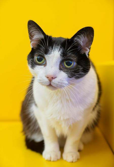 A high-quality photograph of Berkeley Cat,  a black and white cat with striking green eyes. The cat sits on a bright yello...