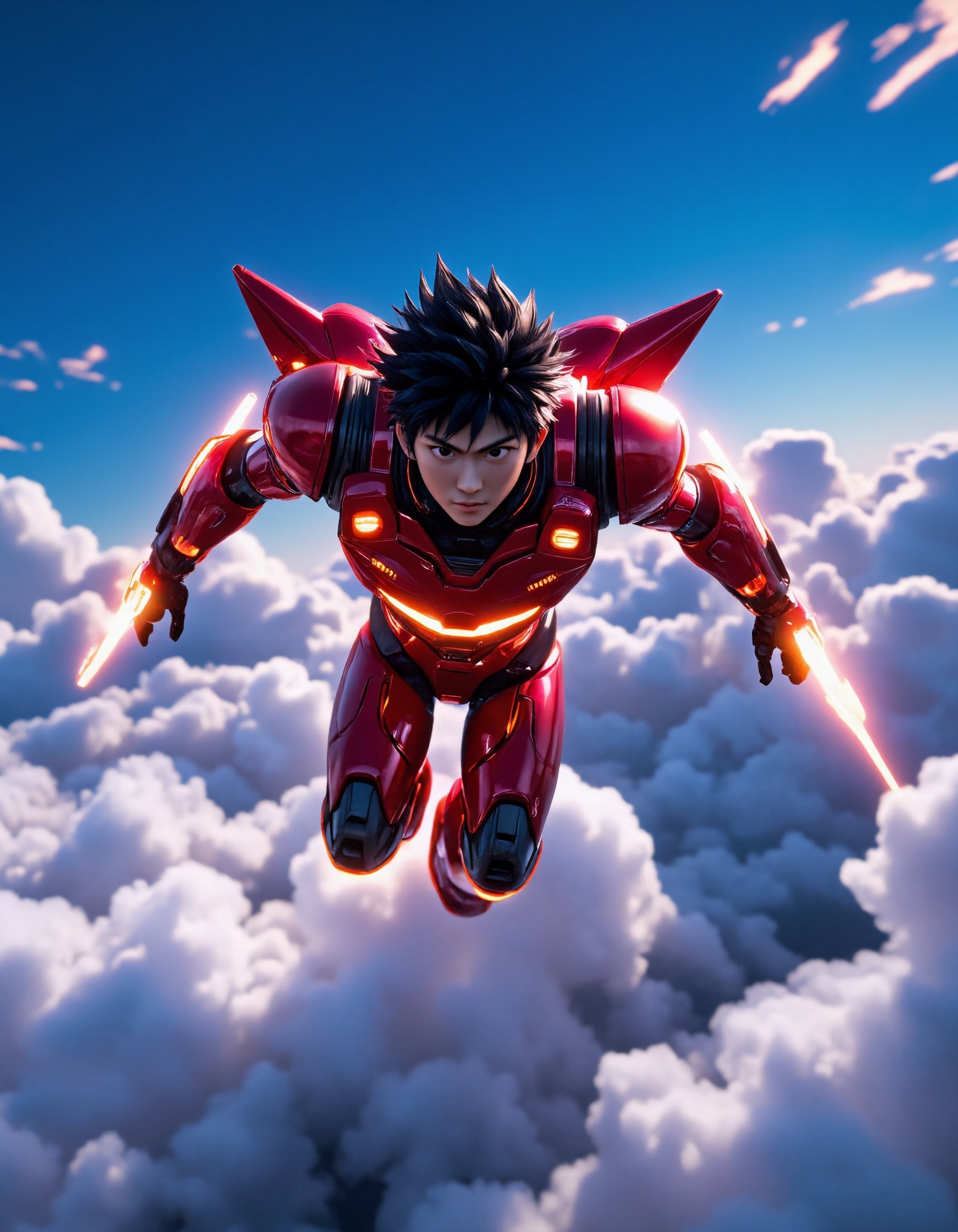 3D anime style,  an Asian man piloting a glowing red mecha suit,  flying dynamically above a sea of soft clouds under a vi...