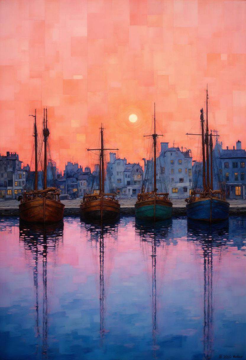 This is a vibrant,  impressionistic digital painting depicting a serene harbor scene at dusk. The canvas is dominated by a...
