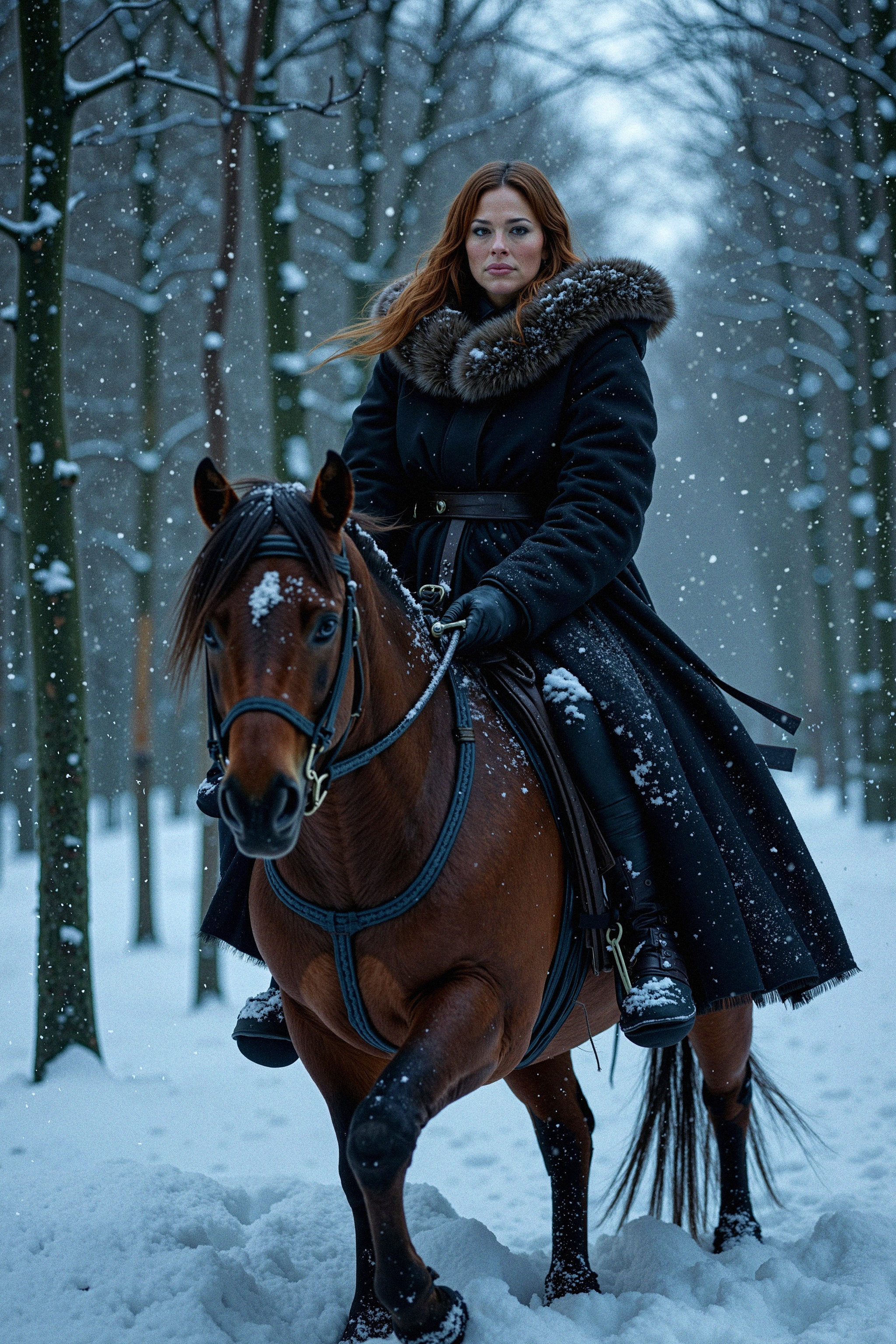 A woman rides a horse through a dense,  snow-covered forest at twilight in a full-body shot that captures both her and the...