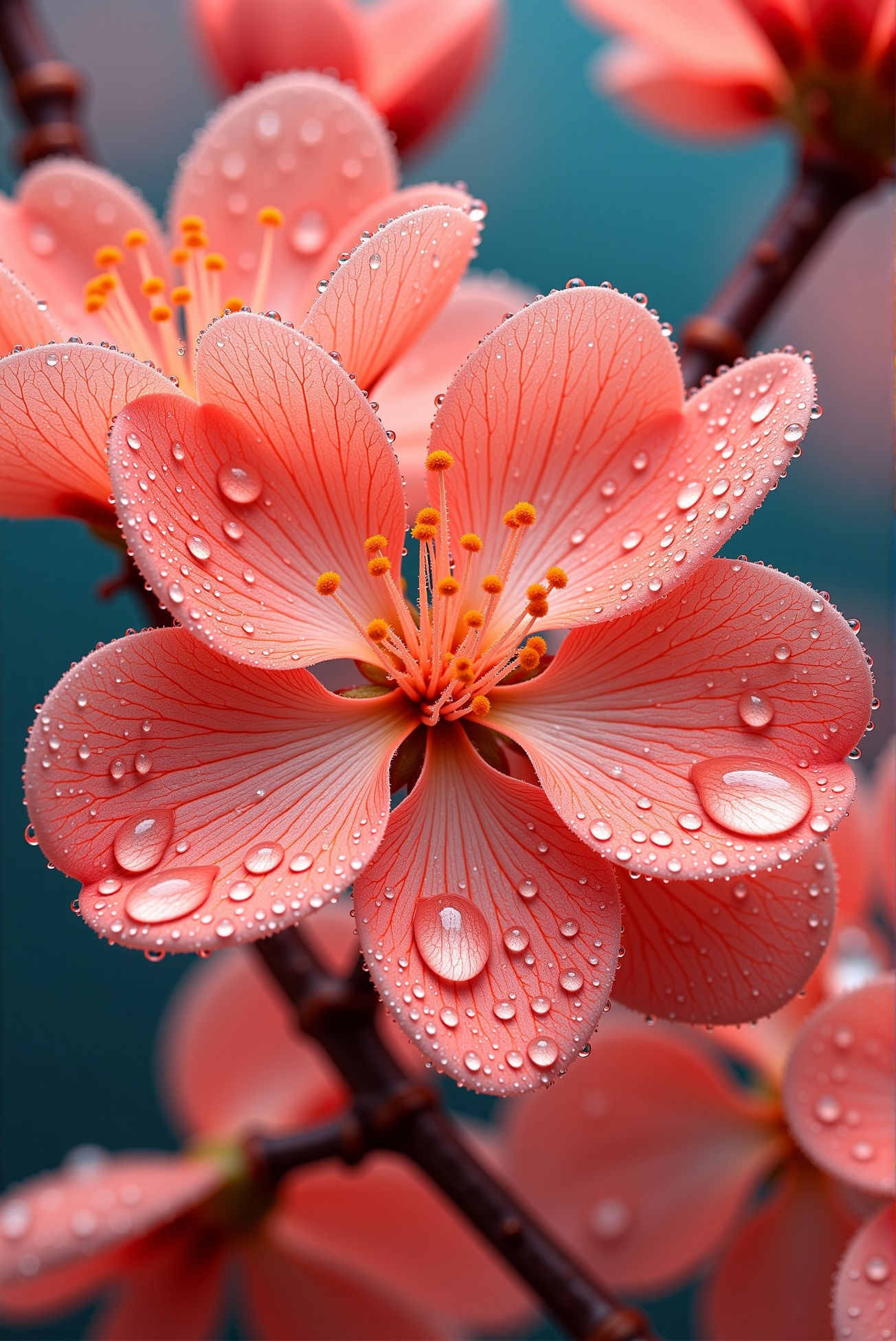 ShinyDroplets style. A hyperreal close-up of soft coral-pink cherry blossoms in full bloom,  each petal glazed with glassy...