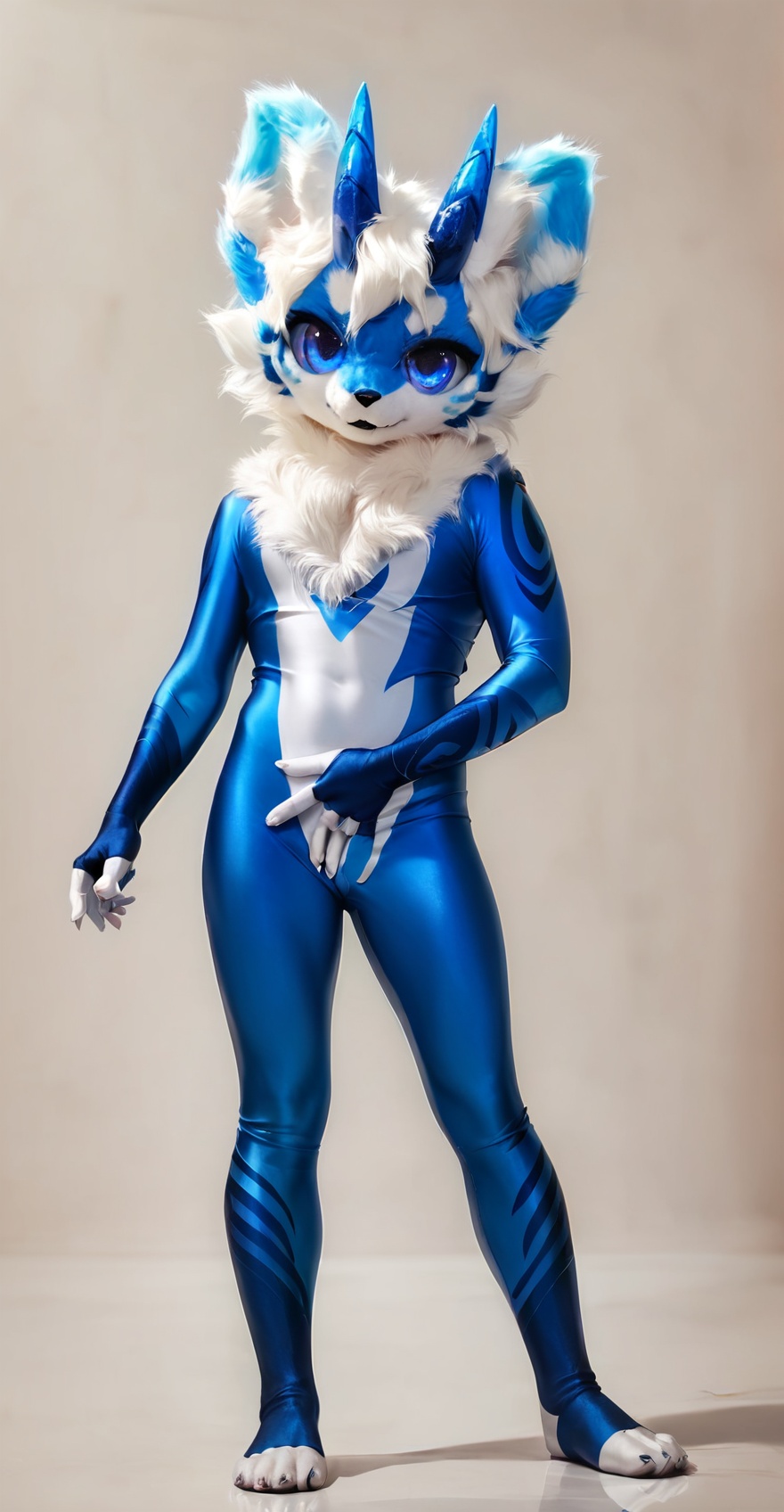 score_9,score_8_up,score_7_up,best quality,amazing quality,very aesthetic,absurdres,official art,intricate details,hyperdetailed,BRAKE,(furry:1.2),photorealistic,horns,furry male,blue and white fur,paws,standing,(lycra fur suit),blue and white bodysuit,blue eyes,furry ears,realistic,solo,full body,<lora:LycraFursuit:0.85>,