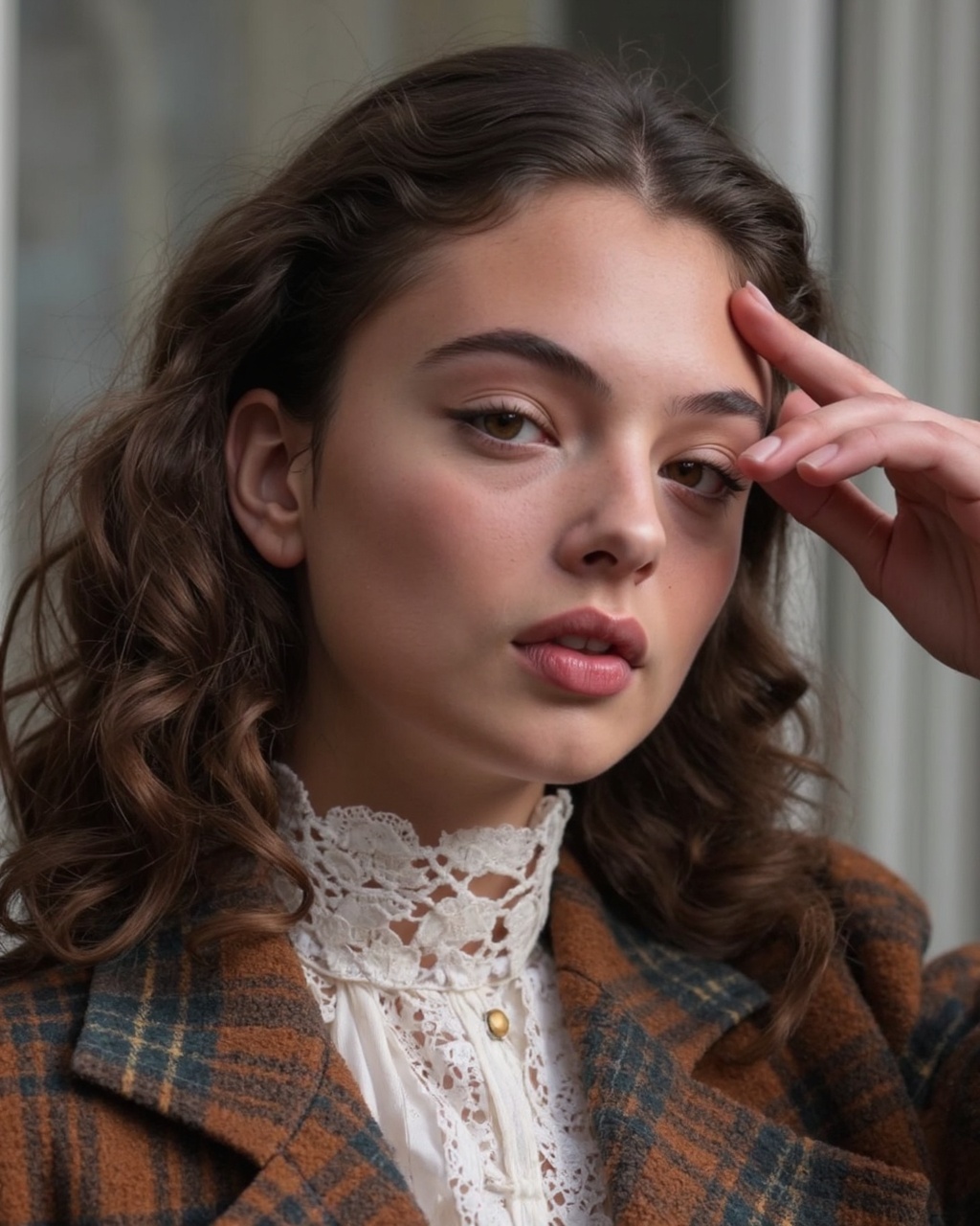 A high-resolution,  close-up portrait of deva_cassel with wavy,  light brown hair that falls over her shoulders. Her skin...