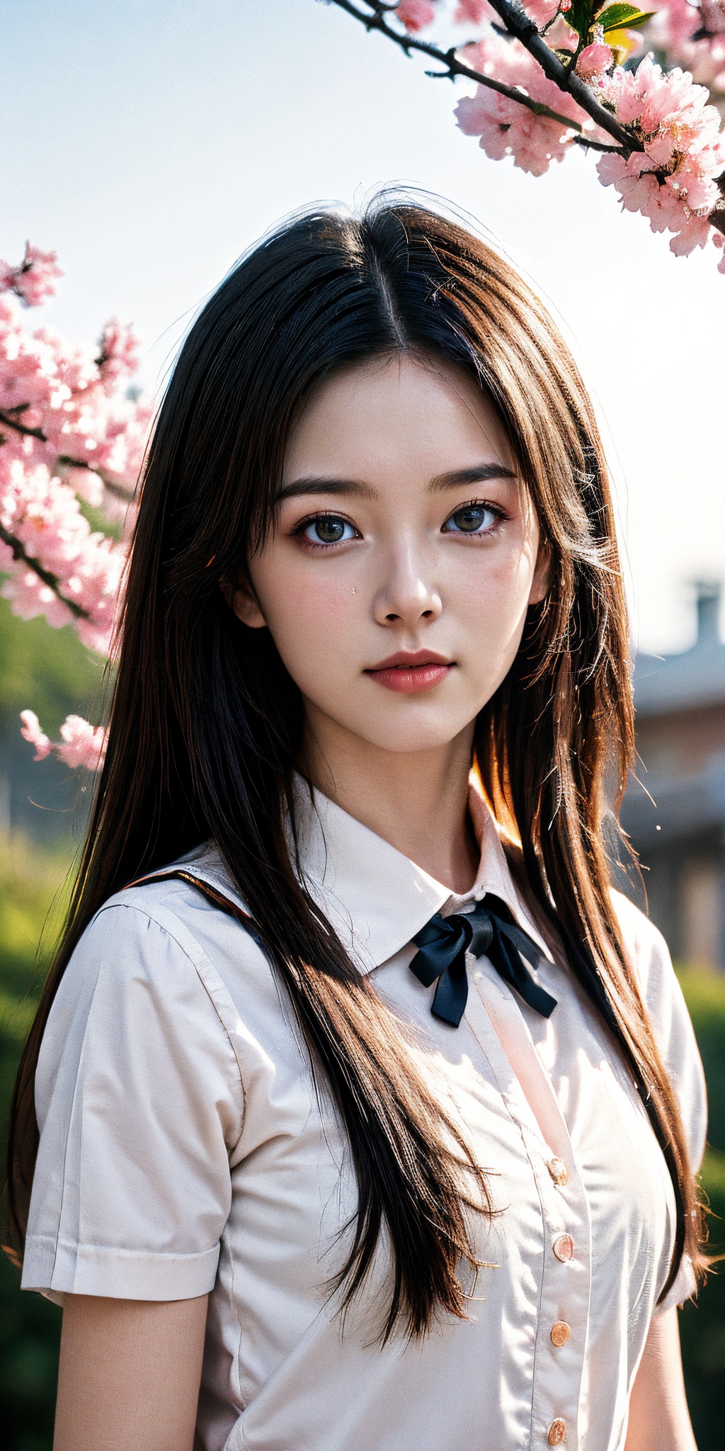 girl, brown eyes, black long hair, realistic skin, skin pores, beautiful, pretty, dynamic angle, realistic, closed mouth, short sleeve, school uniforms, peach blossom, outdoors,