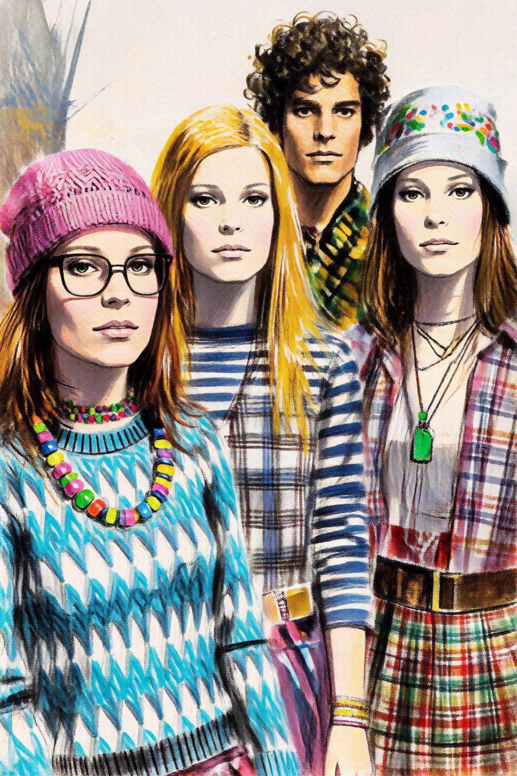 giannirenna2q illustration. A group of four young women and a young man,  each wearing colorful and stylish clothing,  are...