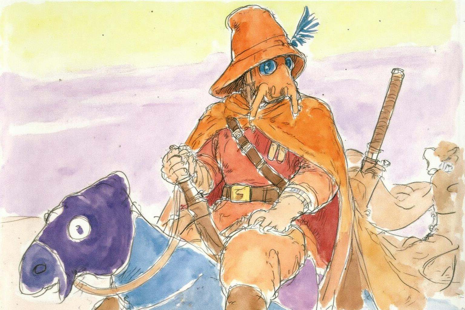 hayaomiyazaki2 illustration. A man in a vibrant orange cloak and a hat with goggles and a gas mask is riding a horse. He i...