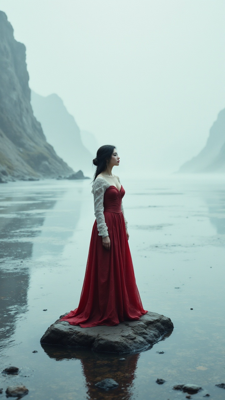 photograph,  In a surreal landscape,  a figure dressed in a red and white dress stands on the edge of a frozen lake. Her e...