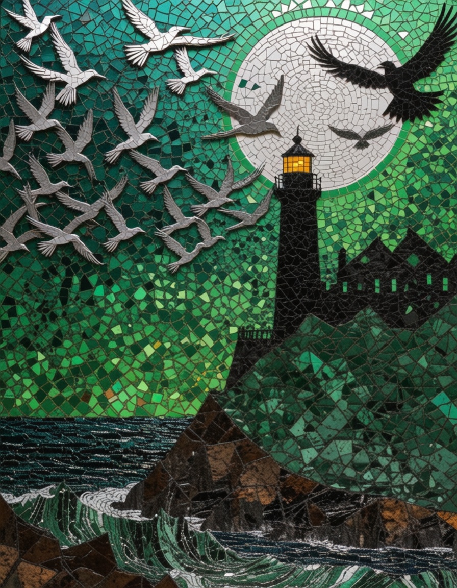a beautiful 2d mix between washed ink painting and mosaic interlayed with chrome,  scenery,  flying on Tensor.Art