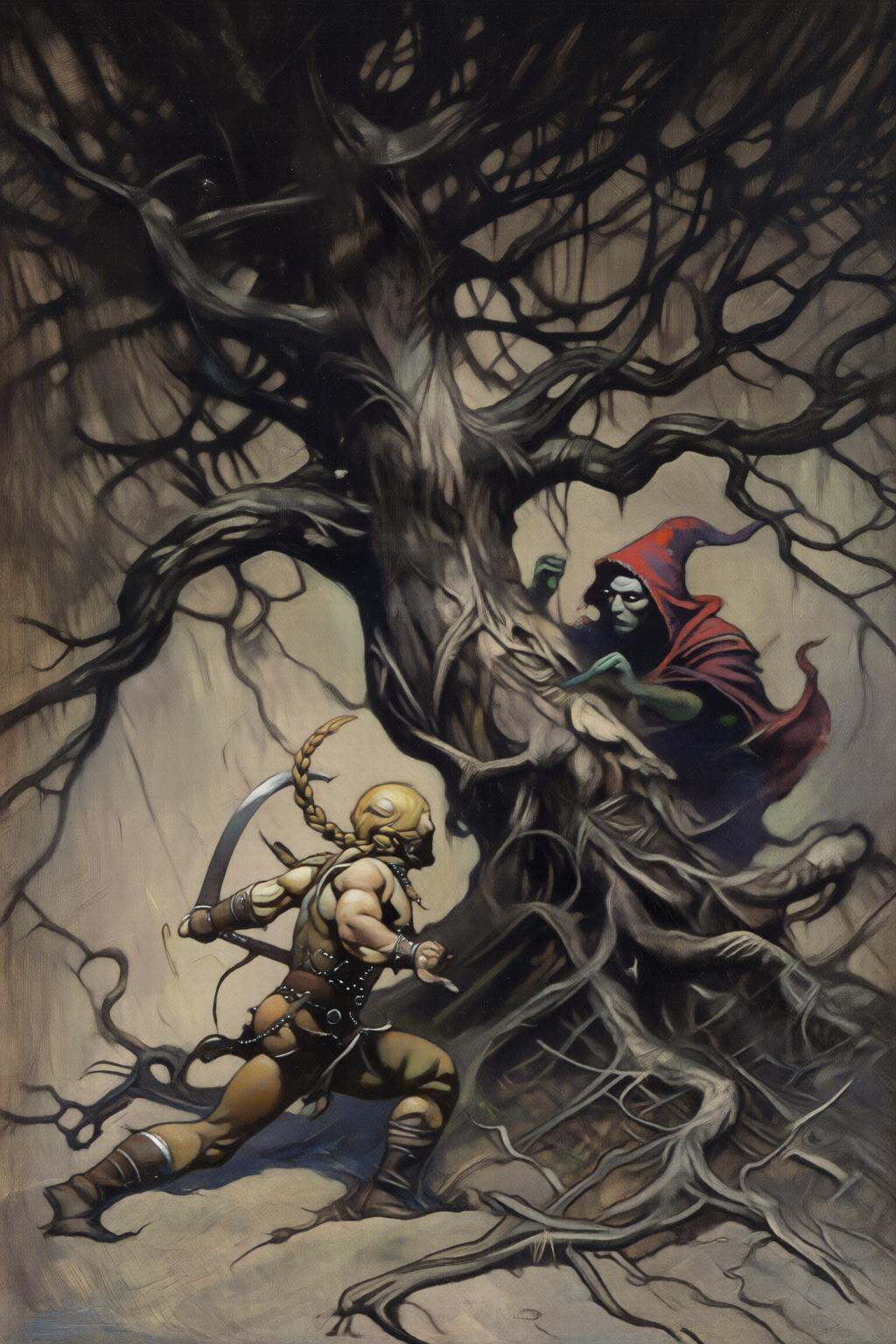 frankfrazetta2 illustration. A dramatic confrontation beneath a massive,  gnarled,  and ancient tree with sprawling roots...