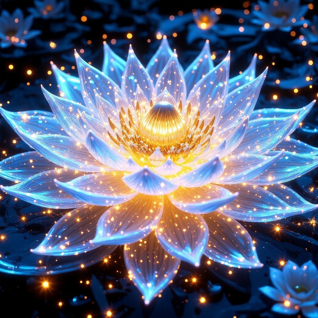 A vibrant digital CGI image of a glowing,  ethereal lotus flower with translucent petals,  radiating blue and orange hues....