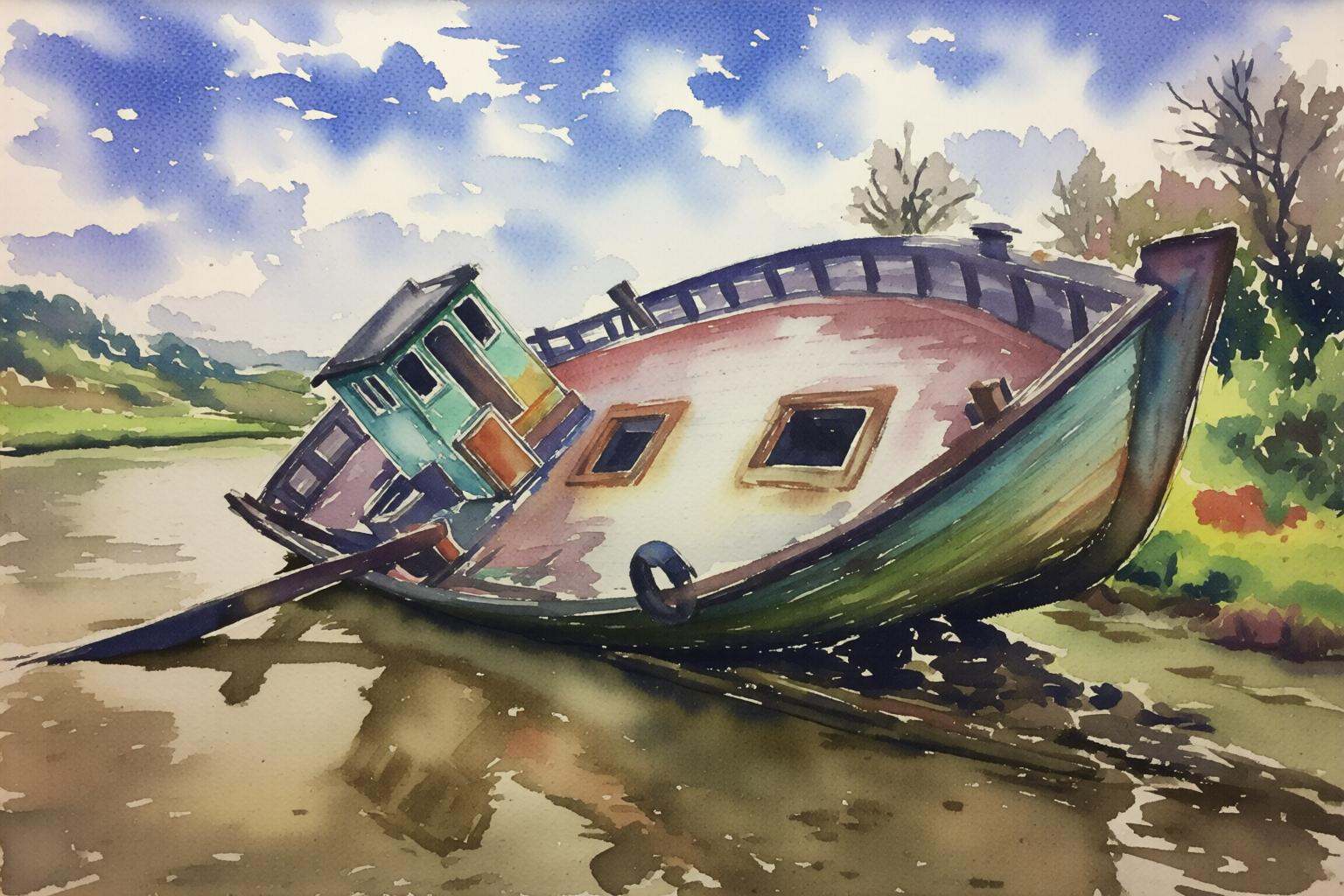 watercolorbasic2q watercolor painting.A dilapidated boat resting on a muddy riverbank. The boat appears old and weathered,...