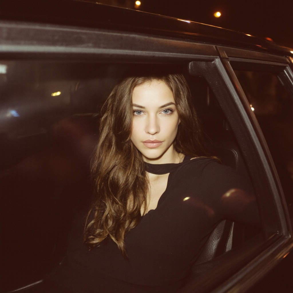 A portrait of barbara_palvin seated in the back seat of a car,  captured in a side profile. The woman,  with long on Tenso...