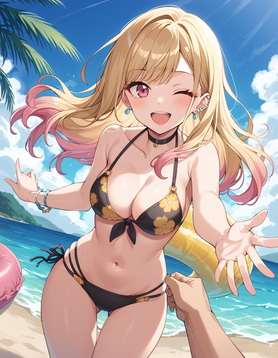 kitagawa marin,  A young girl with blonde hair and a big smile on her face. she is standing in front of the ocean with her...