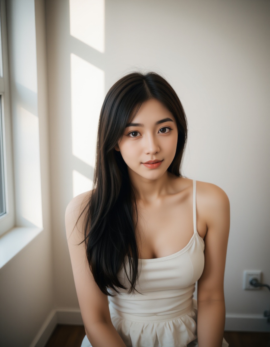 A high-quality photograph of a young asian woman with long,  straight black hair and fair skin,  sitting in a well-lit roo...