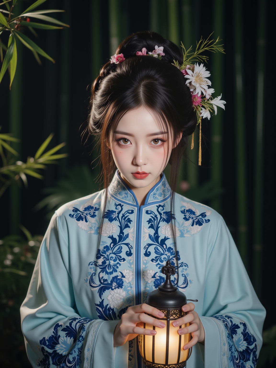 Traditional Chinese art style, elegant woman in Hanfu, Tang dynasty, intricate blue and white embroidery, elaborate hair ornaments with flowers, delicate face paint, serene expression, holding a lantern, soft lighting, bamboo forest background, ethereal and mystical ambiance, delicate and poised.