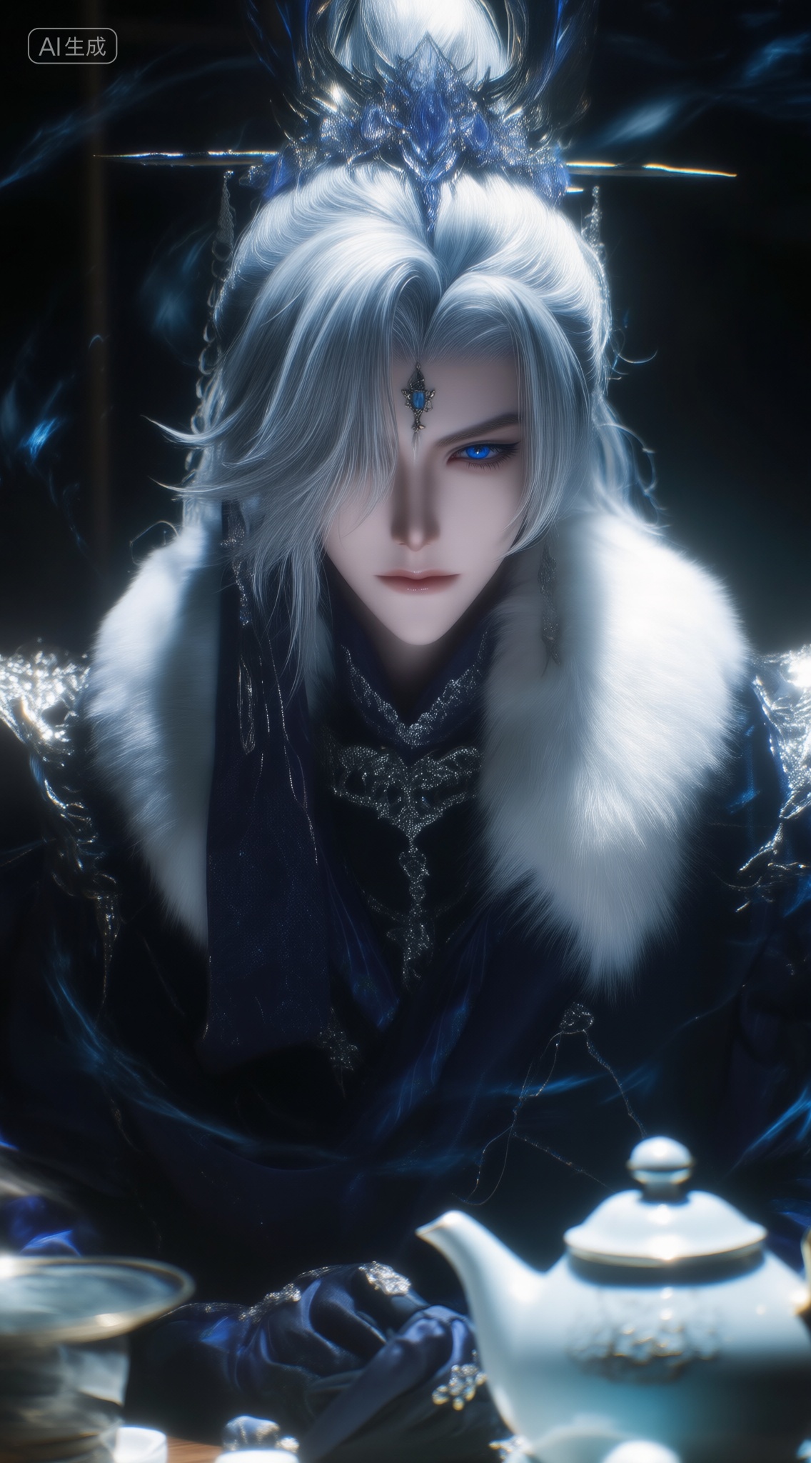 a digital illustration shoot from a close-up camera angle about a character with silver hair and blue eyes,  dressed in a...