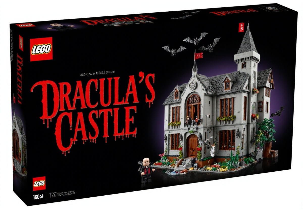 The image is a photograph of a LEGO set box for "Dracula's Castle,  " a large,  rectangular box with a predominantly black...