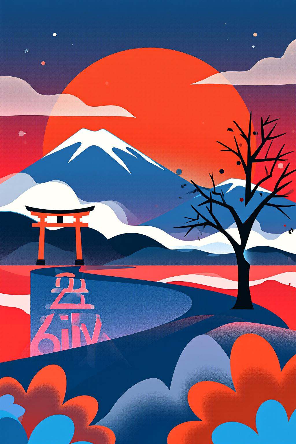 flatcolorvectorart2q illustration.A large red sun is setting behind a snow-capped mountain. In the foreground,  a winding...