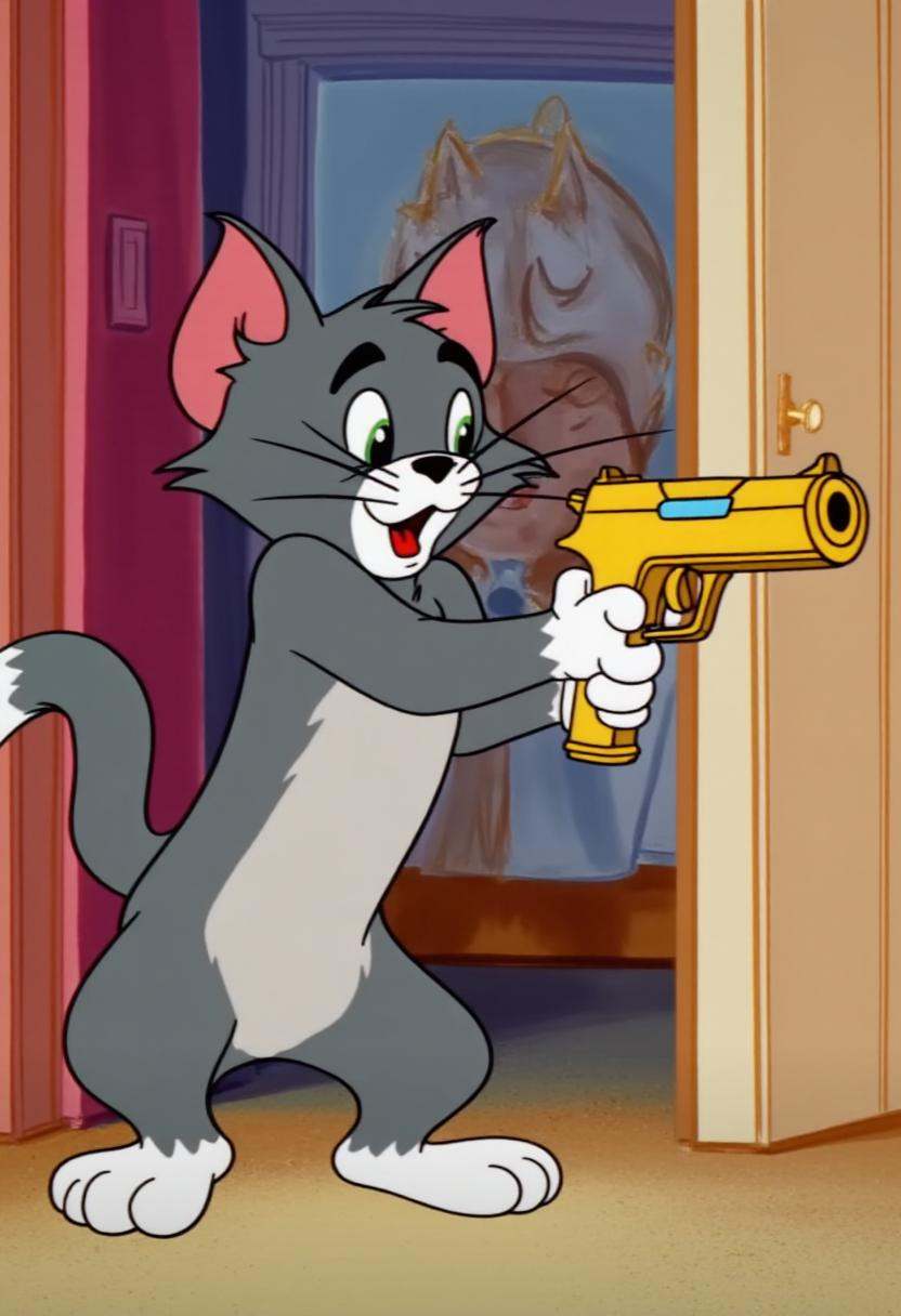 tjstyle cartoon image of a cat aiming a pistol at the viewer on Tensor.Art