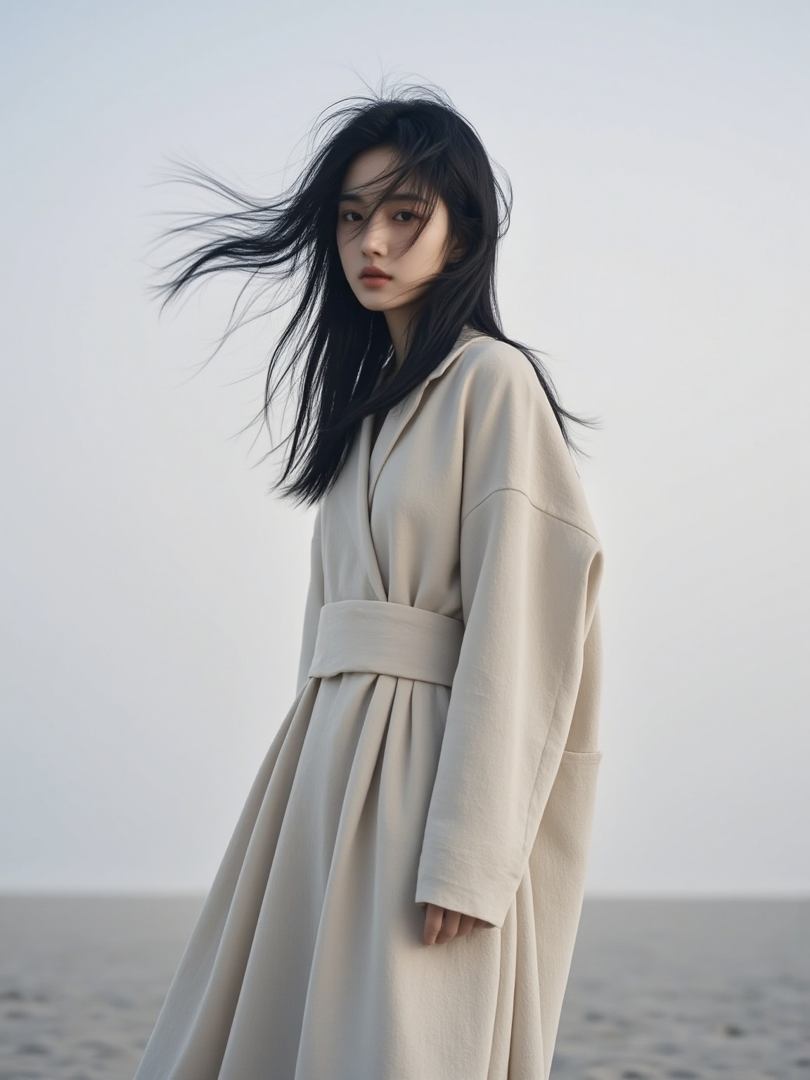 1girl,  The photograph features a young East Asian woman with long,  straight black hair that is gently blowing in the win...