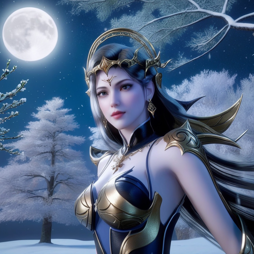 <lora:841-DA-XL-武庚纪-不闻不问:0.8>, (,1girl, ,best quality, ),,  picture-perfect face,   clean, masterpiece,     cinematic lighting, cinematic bloom, fantasy,  , unreal, science fiction, ((,1girl, pov,))(((,tree, 1girl, full moon,snowing,snow ,solo,     solo focus,  long_hair, looking_at_viewer,  )))  (rich:1.4,)     prestige, luxury, jewelry, diamond, gold, pearl, gem, sapphire, ruby, emerald, intricate detail, delicate pattern, charming, alluring, seductive, erotic, enchanting, hair ornament, necklace, earrings, bracelet, ,