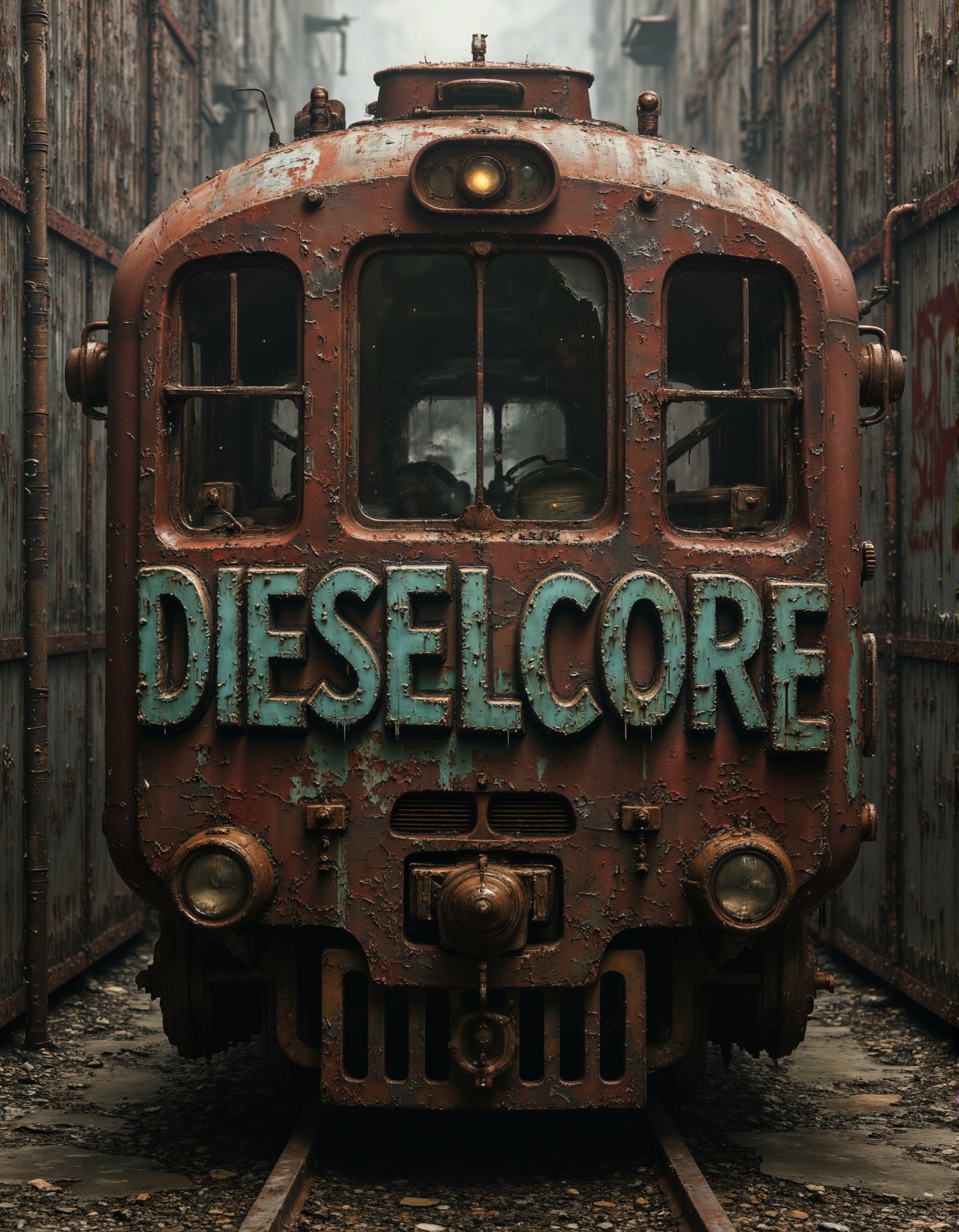 A train in the city. On the side of the train,  the font is wildstyle graffiti paint. Large graffiti text reads: "Dieselco...