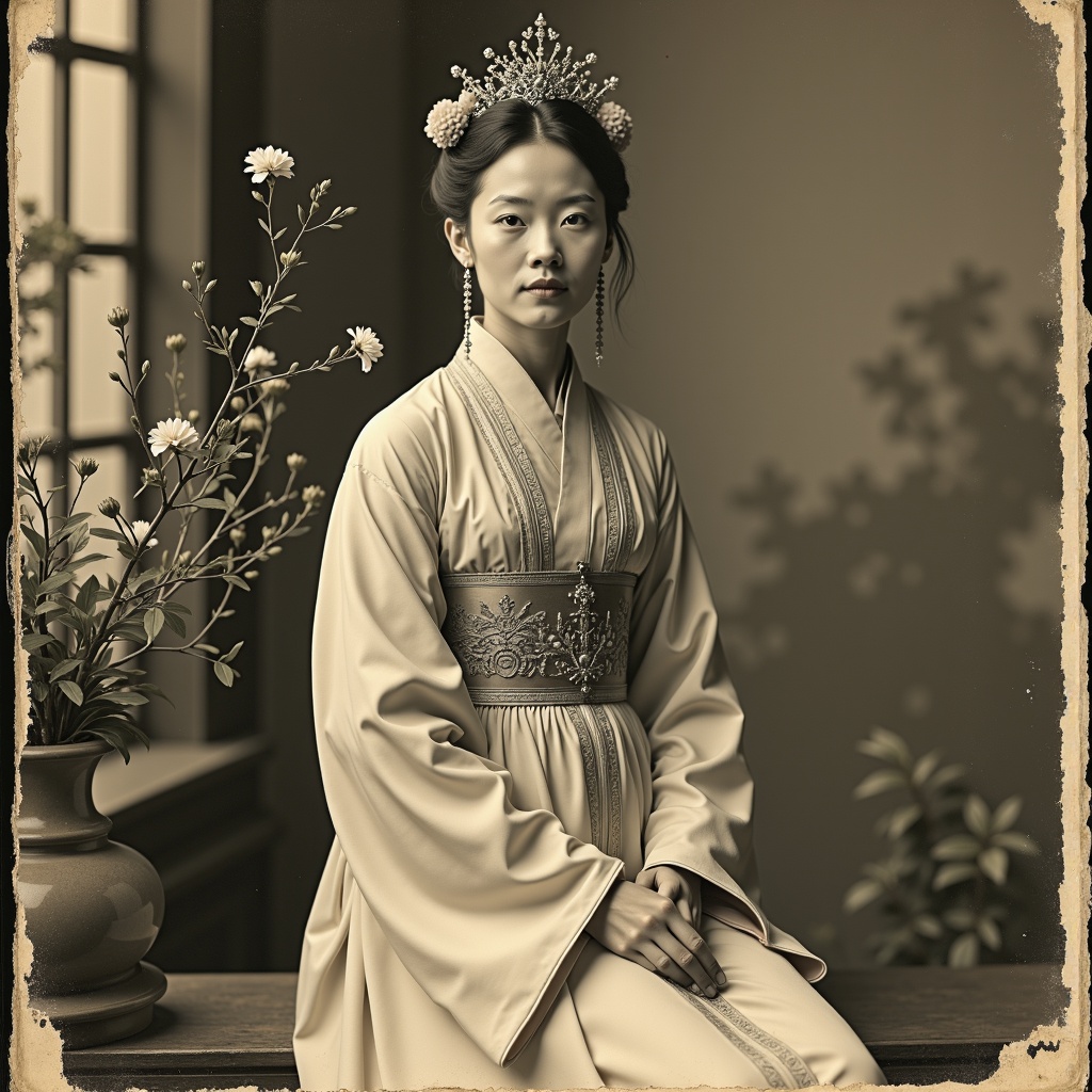 arafed woman in a dress standing next to a potted plant,Li Mei-shu,silver gelatine realistic,Song Maojin,collodion photograph,palace,a girl in hanfu,Yun Shouping,portrait of a young empress,Yao Tingmei,Jiao Bingzhen,Leng Mei,Xu **,Yang Weizhen,realistic old photograph,chengyou liu,Yu Zhiding,tintype photograph,mei-ling zhou,Qiu Ying,Liu Jue,portrait of christy ren,a young asian woman,Zhou *****,matte painting portrait shot,Hua Yan,Min Zhen,Zhu Derun,1930s film,young asian woman,Sheng Maoye,elegant japanese woman,tintype photography,Zhou ****,
