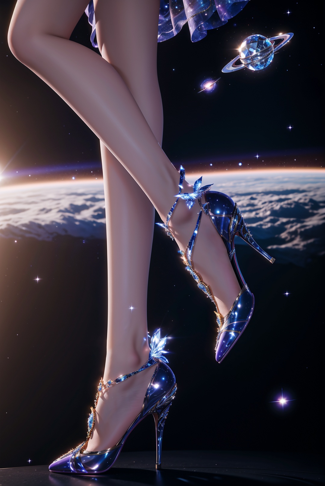 high heels,jewelry,outdoors,((space)),((fantasy)),foot focus,close-up,depth of field,Highly detailed,(ultra-detailed),(best quality:1.5,masterpiece:1.5),SFW,<lora:caier:0.7>,