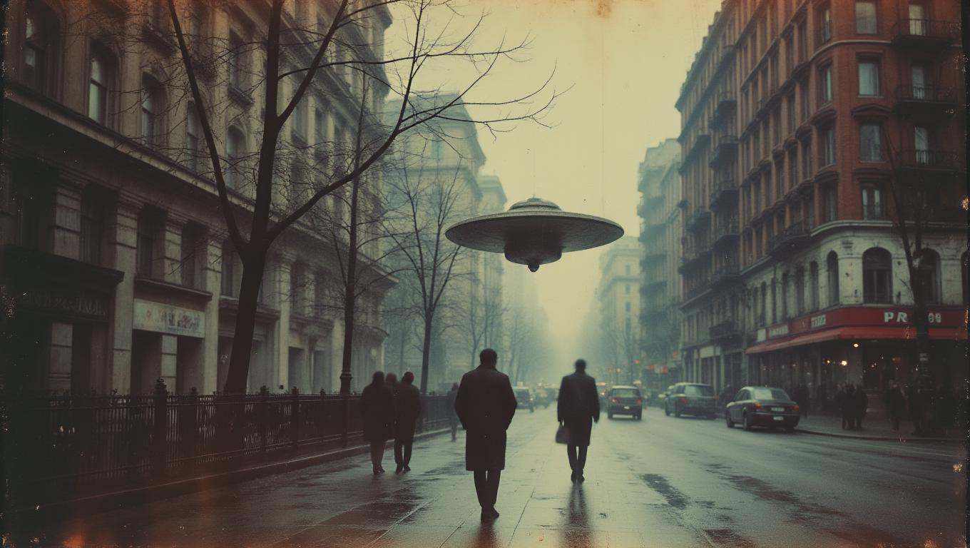 35mm vintage street photo of an UFO flying in NY on Tensor.Art