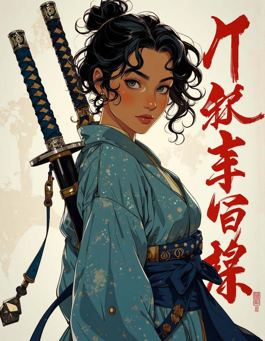 Anime style. This is a digital illustration in a semi-realistic,  anime-inspired style,  depicting a young woman with a se...