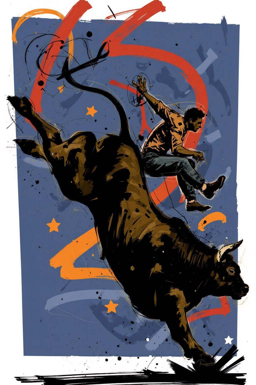 poster illustration. A man,  shown in side profile,  is riding a bucking bull. The bull is rendered in bold on Tensor.Art