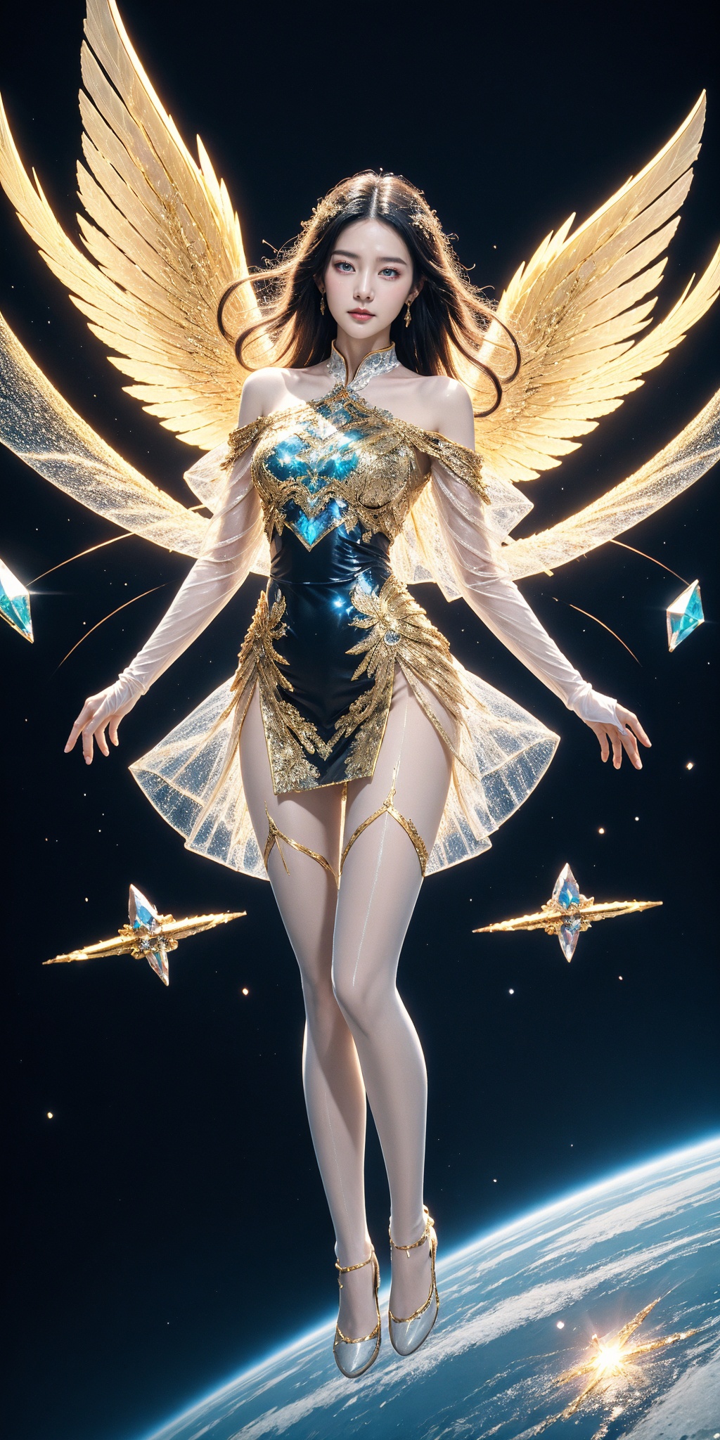 1girl, see-through white chinese clothes, off-shoulder dress, see-through short skirt, white see-through cyborg, gem cyber, solo, and flowing hair, armored, white see-through bodysuit, glowing, wings, outdoors, thighs, gem, gradient, mirror fragment, gem fragment, (flying on sky:1.2), space, planet, astral, light particle